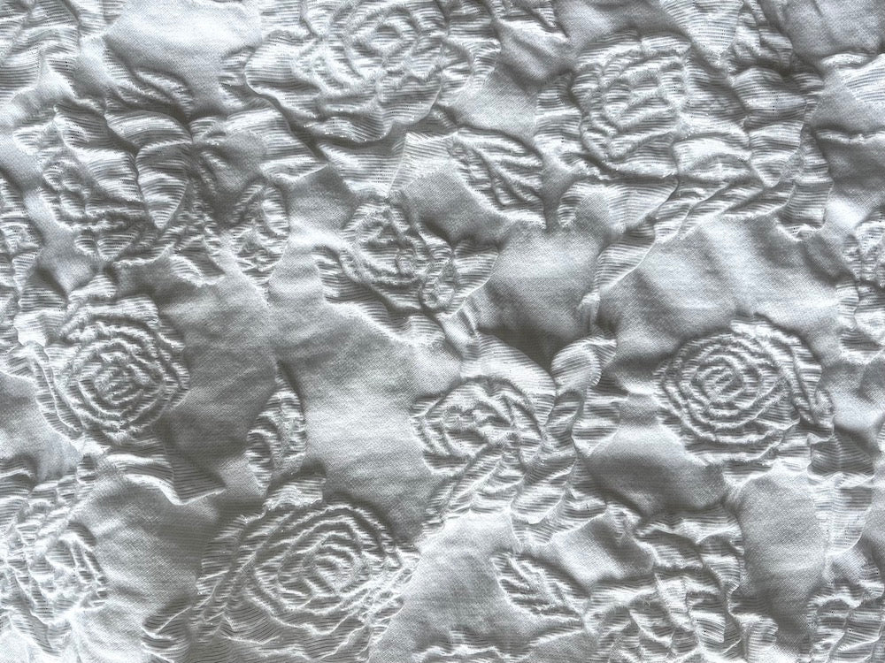 Silver Dusted White Rose Blooms Stretch Polyester Blend Brocade