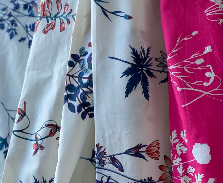 50" Panel - Red, Fuchsia & Blue Summery Floral Cotton Poplin (Made in Italy)