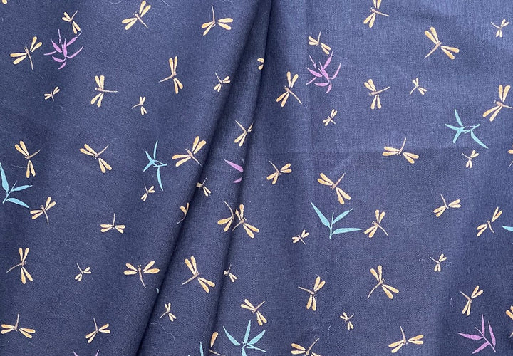 Indigo Dragonflies & Bamboo Leaves Cotton (Made in Japan)
