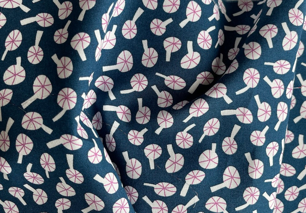 Stylized White & Rose Mushrooms On Bright Navy Cotton (Made in Japan)
