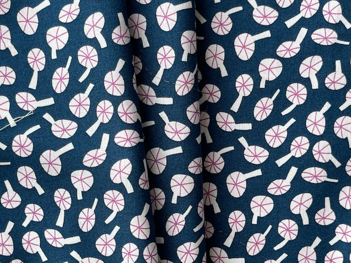 Stylized White & Rose Mushrooms On Bright Navy Cotton (Made in Japan)