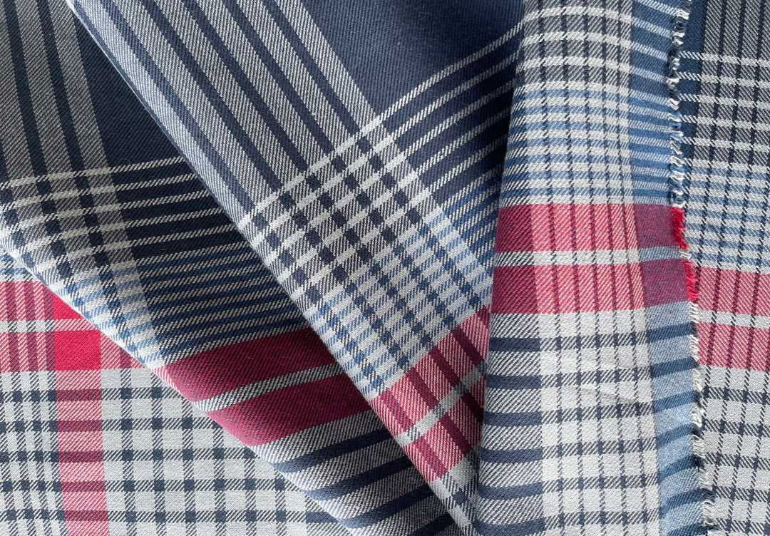 Red, Smoke & Navy Plaid Cotton Flannel Twill