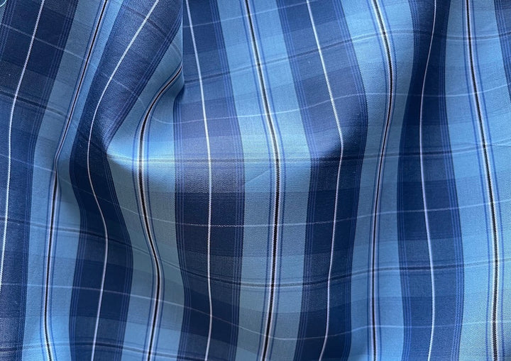 Brioni Ocean's Swell Blue Plaid 2-Ply Cotton Shirting (Made in Italy)