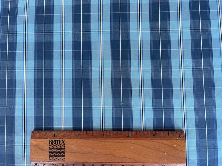 Brioni Ocean's Swell Blue Plaid 2-Ply Cotton Shirting (Made in Italy)