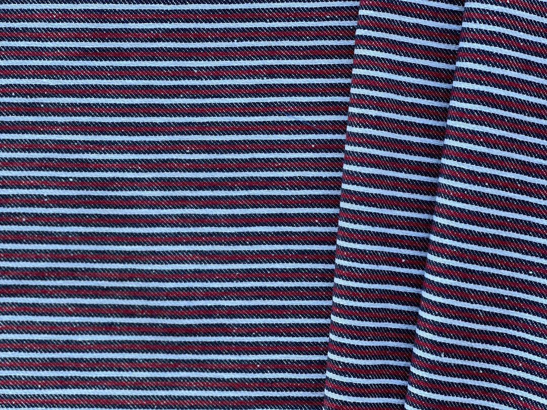 Rugged Mock Denim Barn Red, Navy Blue & White Cotton Twill Shirting (Made in Italy)