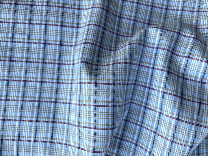 High-End Brushed Plaid Baby Blue & White Cotton Shirting (Made in Italy)