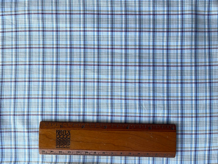 High-End Brushed Plaid Baby Blue & White Cotton Shirting (Made in Italy)