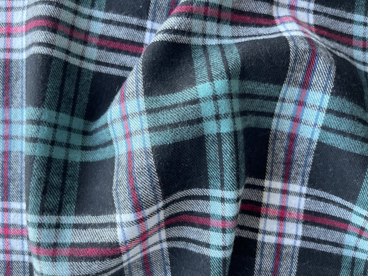 Handsome Black, Aqua & White Plaid Cotton Flannel (Made in Italy)