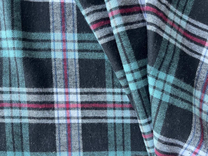Handsome Black, Aqua & White Plaid Cotton Flannel (Made in Italy)