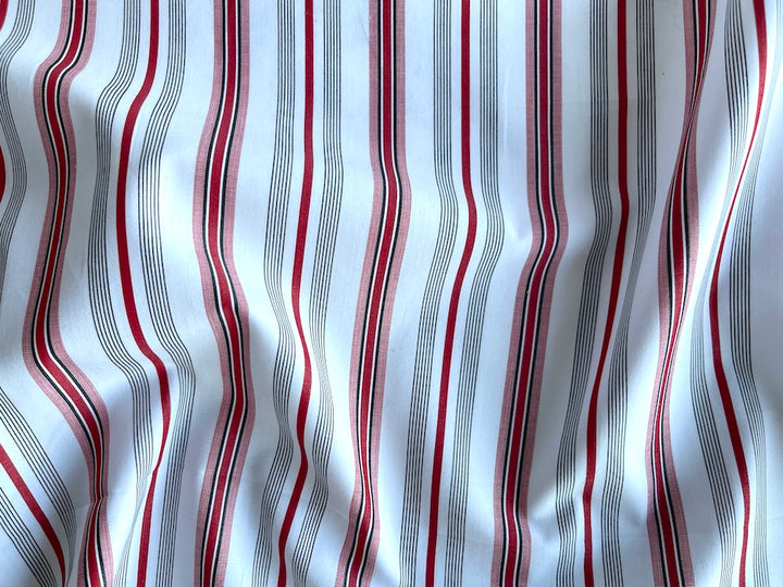 High-End Nonuniformly Striped Black, White & Red Cotton Poplin Shirting (Made in Italy)