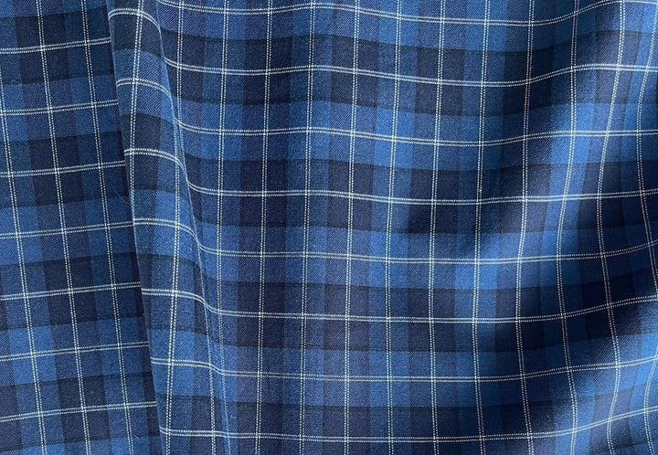 Nautical Admiral Blue Plaid Stretch Cotton Shirting (Made in Italy)