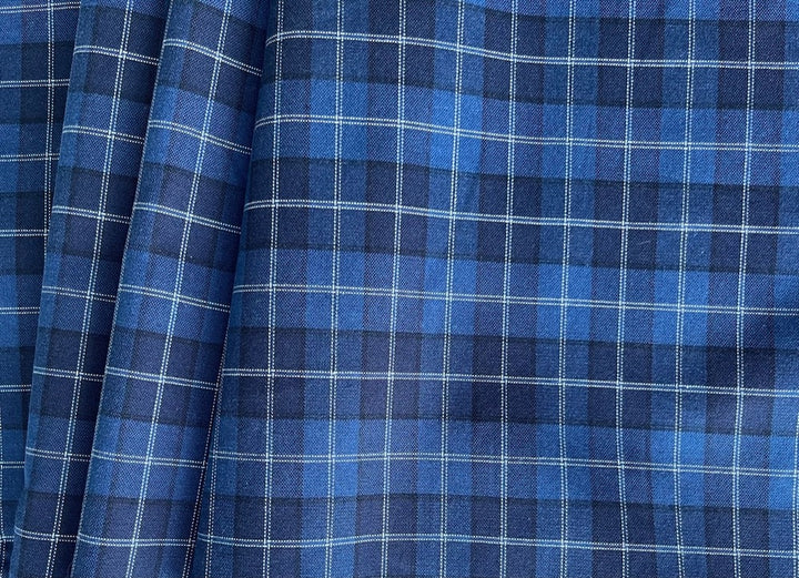 Nautical Admiral Blue Plaid Stretch Cotton Shirting (Made in Italy)