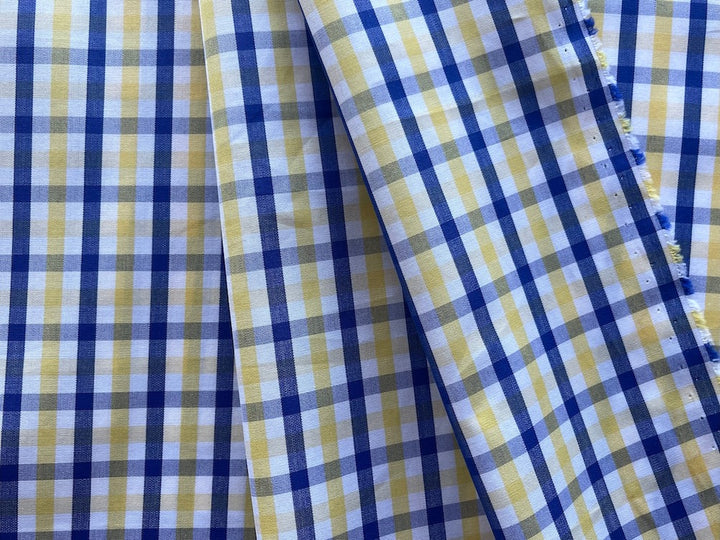 Cobalt Blue & Lemon Yellow Tattersall Plaid Pima Cotton Shirting (Made in Italy)
