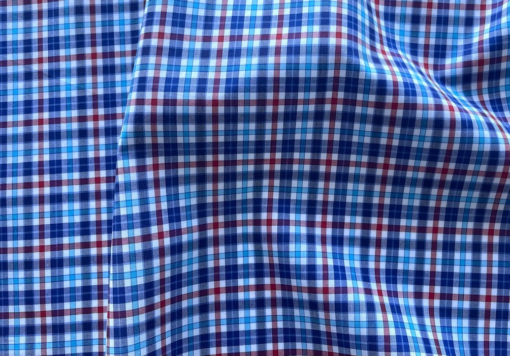 Charming Cherry, White, Cobalt & Sky Blue Plaid Cotton Shirting (Made in Italy)