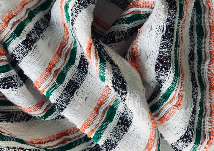 Loosely Woven Coral & Malachite Striped Cotton Blend (Made in France)