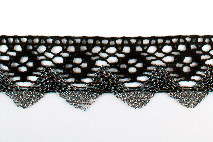 1 3/8" Metallic Silver & Black Crochet Lace (Made in England)