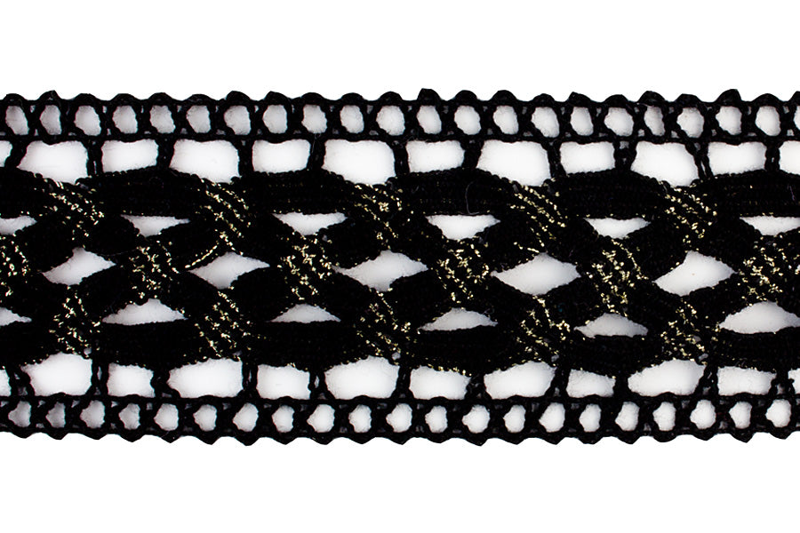 1 7/8" Metallic Gold & Black Crochet Lace (Made in England)
