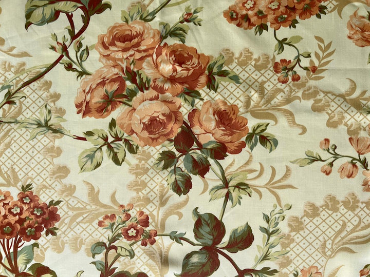 Old-Fashioned Apricot Climbing Roses & Trellises Cotton (Made in Italy)
