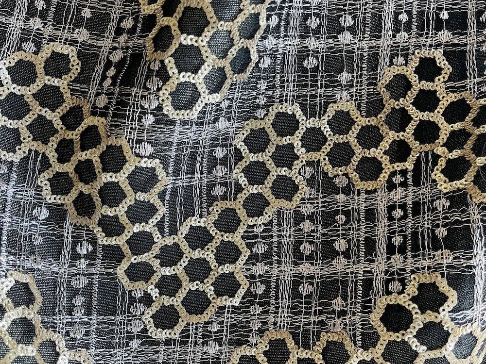 Embroidered Platinum Geometric & Matte Gold Sequined Lace Fabric (Made in India)