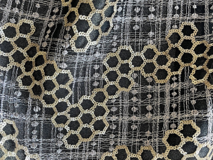 Embroidered Platinum Geometric & Matte Gold Sequined Lace Fabric (Made in India)