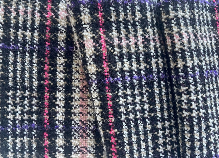 Dynamic Plaid Black, White, Carnation & Phlox Wool Blend Bouclé (Made in Italy)