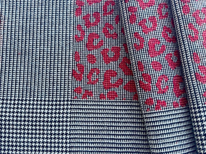 Obsidian & Cloud Hounds-Tooth with Carmine Leopard Spots Wool "Patchwork" (Made in Italy)
