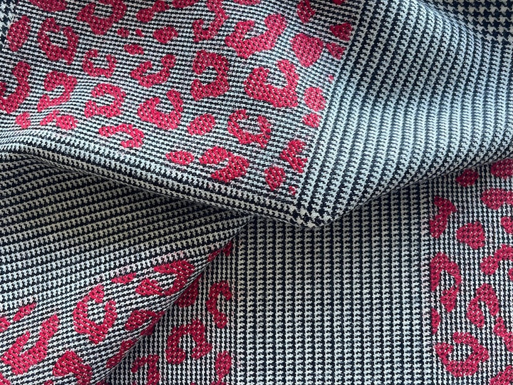 Obsidian & Cloud Hounds-Tooth with Carmine Leopard Spots Wool "Patchwork" (Made in Italy)