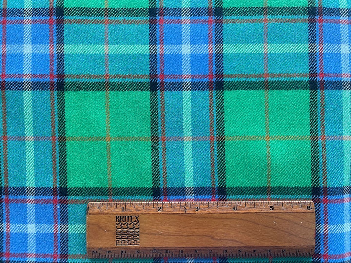 Smooth Sea Green, Bright Denim & Black Virgin Wool Tartan (Made in Italy)