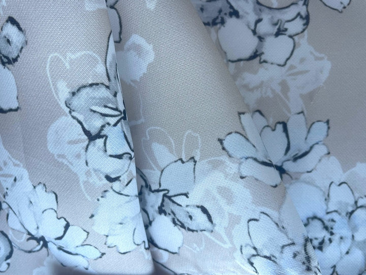 Semi-Sheer Palest Ice & Pearly Grey Delicate Blooms on Toasted Sand Silk Gazaar  (Made in Italy)