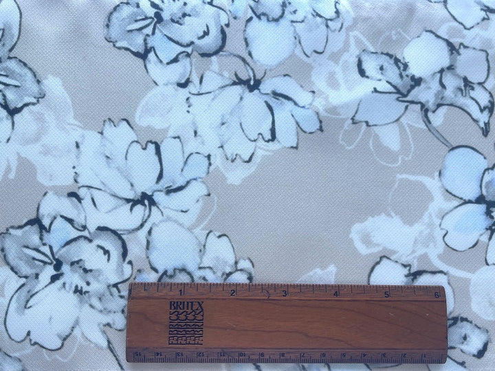 Semi-Sheer Palest Ice & Pearly Grey Delicate Blooms on Toasted Sand Silk Gazaar  (Made in Italy)