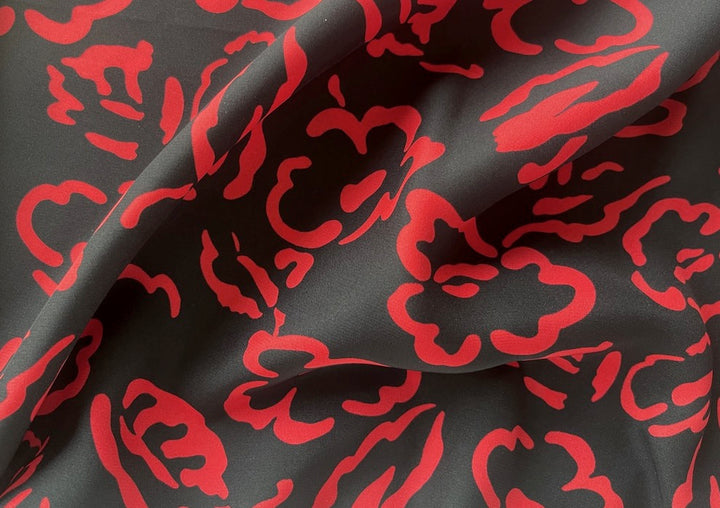 Ungaro Selvedged Elegant Falling Ruby Flowers Onyx Matte Silk Satin Charmeuse (Made in Italy)