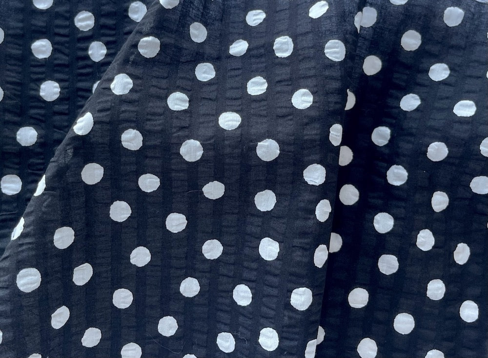 Snow White Dots on Onyx Cotton Seersucker (Made in Japan)