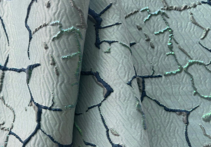 Iridescent Wintergreen, Aqua & Peacock Branches & Twigs Polyester Blend Brocade (Made in Italy)