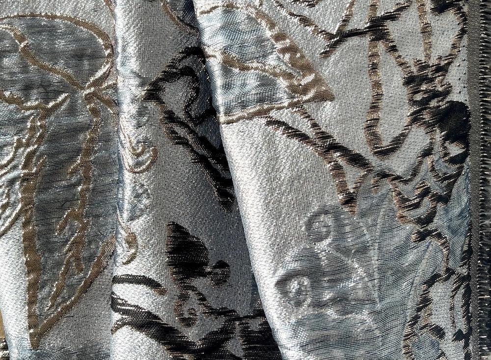 Light-Weight Baroque Floral Pale Gold, & Iced Powder Blue on Slvery Pearl Polyester Blend Brocade (Made in Italy)
