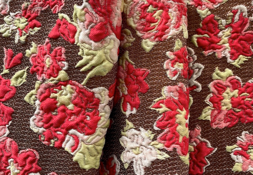 Embossed Lush Crimson Blooms on Coppery Chocolate Polyester Blend Brocade (Made in Italy)