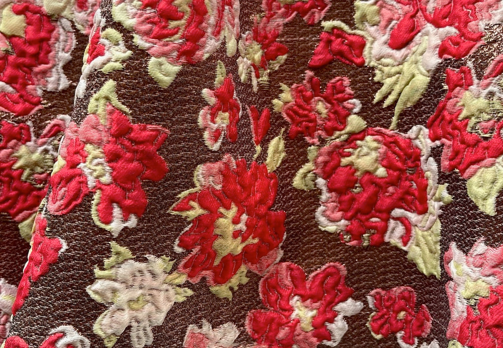 Embossed Lush Crimson Blooms on Coppery Chocolate Polyester Blend Brocade (Made in Italy)