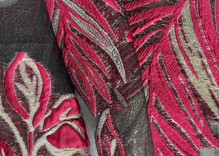 Semi-Sheer Metallic Raspberry & Silver Flower Buds on Coal Black Cloqué Polyester Organza Brocade (Made in Italy)