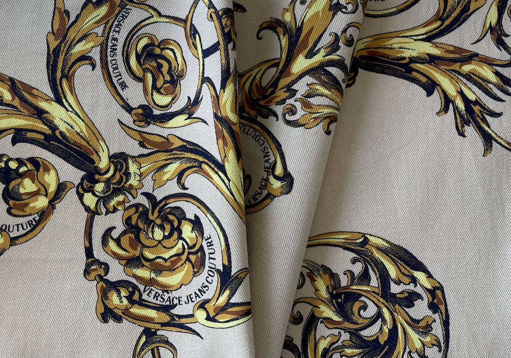 Cotton Fabric, 48" Panel - Golden Baroque Swirls "Versace Jeans Couture"  Cotton Denim Twill (Made in Italy) – Britex Fabrics