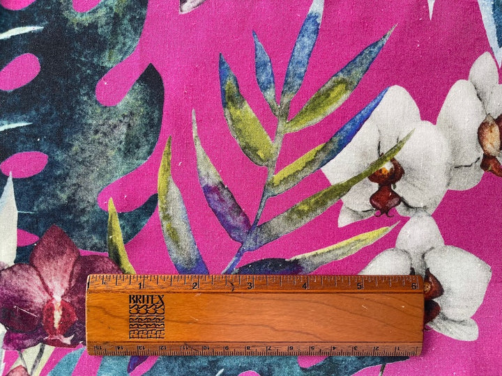 High-End Lush Painterly Orchids on Fuchsia Cotton Challis (Made in Italy)
