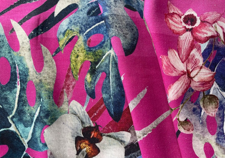 High-End Lush Painterly Orchids on Fuchsia Cotton Challis (Made in Italy)
