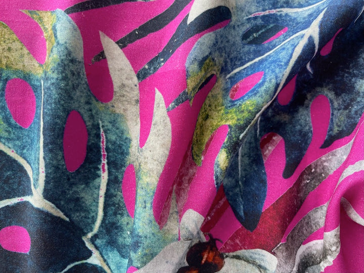 High-End Lush Painterly Orchids on Fuchsia Cotton Challis (Made in Italy)