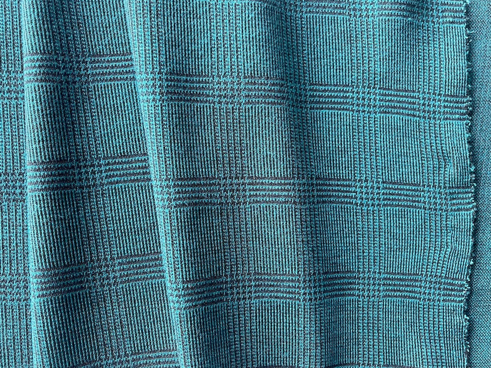 Knit Fabric, Aqua & Black Glen Plaid Cotton Blend Ponte Knit (Made