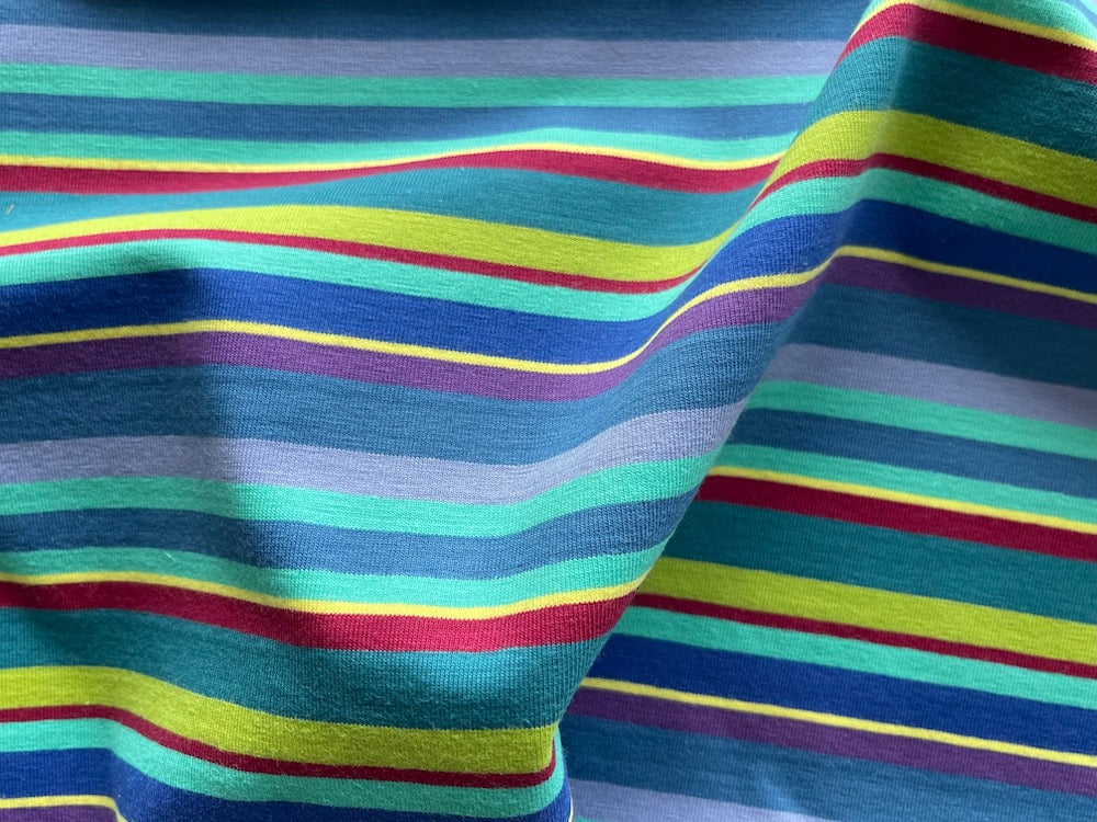 Balmy Sangria & Peacock Stripes Cotton T-Shirt Knit (Made in Italy)