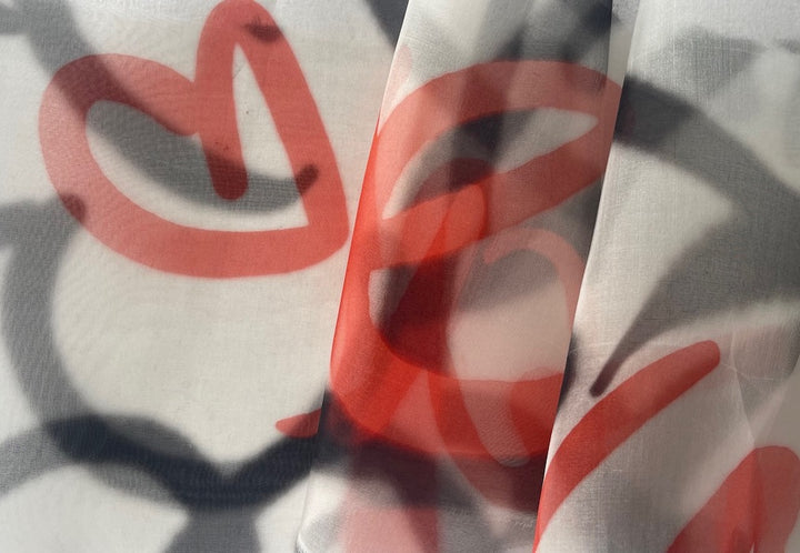 D&G Sheer Vermilion & Onyx Scrawled Hearts N "Love" Silk Organza  (Made in Italy)