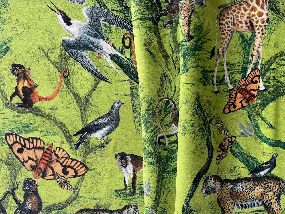 Silk fabric, Couture Naturalistic Fluttering Moths, Birds & Curious Jungle  Creatures Silk Crepe de Chine (Made in Italy) – Britex Fabrics