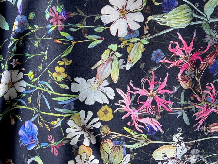 58" Panel -  Glorious Cascading Meadow Wildflowers Matte Silk Crepe De Chine (Made in Italy)