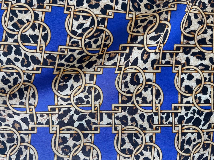 Striking Leopard Chains on Ultramarine Silk Crepe de Chine (Made in Italy)