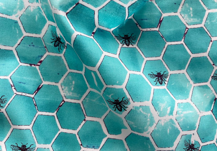 Bee Pollinators in Mottled Aqua Honeycombs Quilting Cotton (Made in Japan)