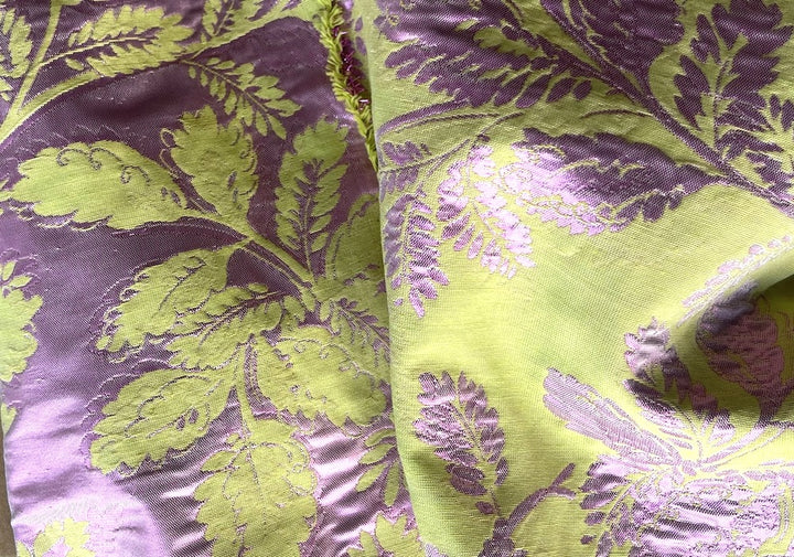 Exquisite Metallic Amethyst Leaves & Soft Kiwi Green Polyester Lame Brocade (Made in Italy)