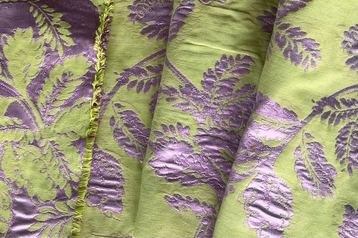 Exquisite Metallic Amethyst Leaves & Soft Kiwi Green Polyester Lame Brocade (Made in Italy)